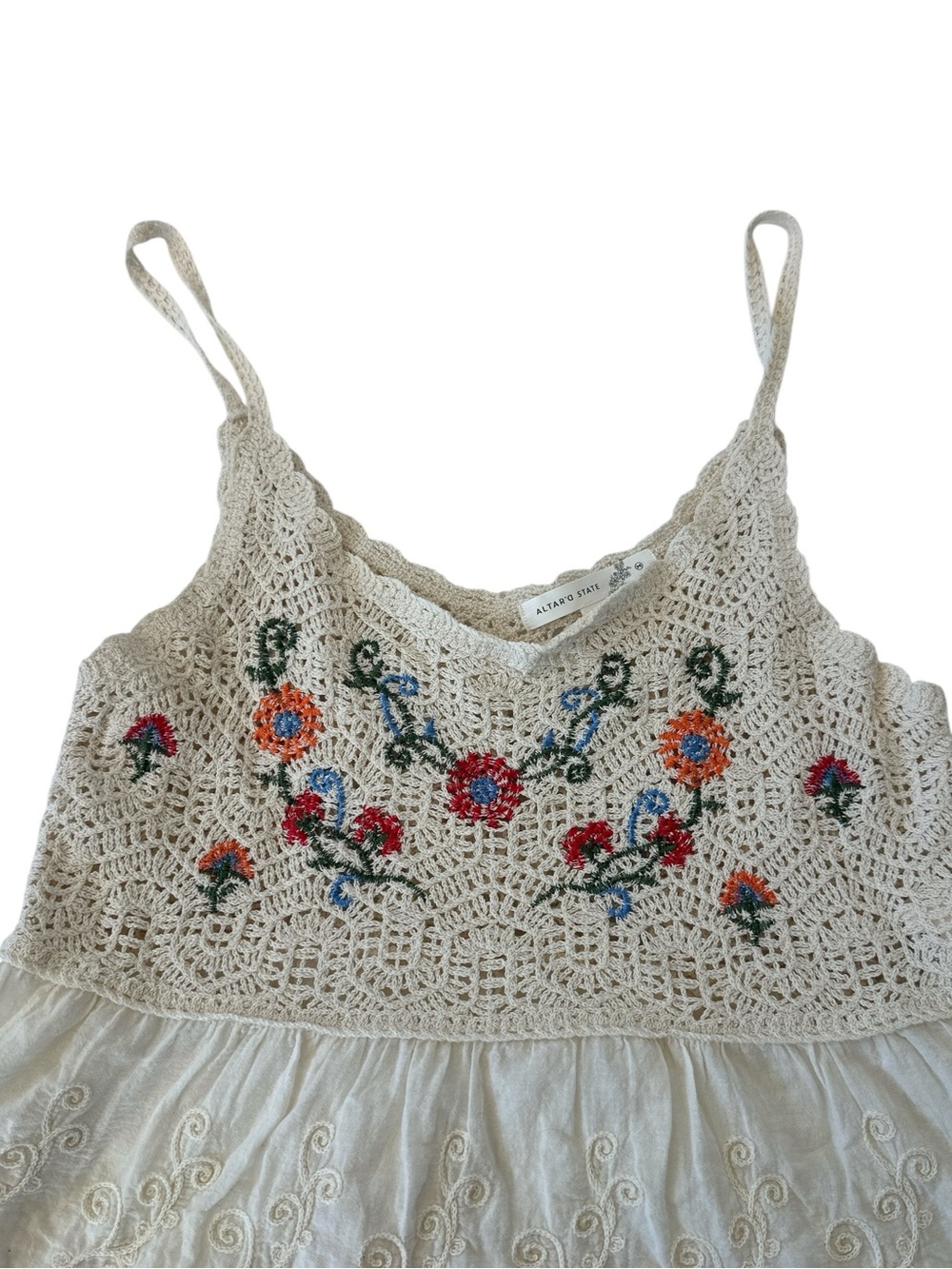 Altar'd State Floral Embroidered Crochet Peplum Top in Cream - Picture 5 of 9